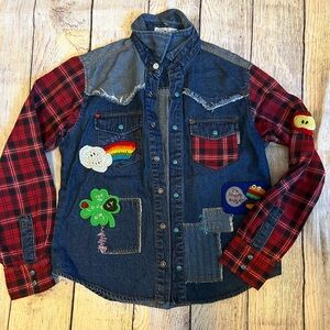 Kids Denim Jacket with Red Plaid Sleeves and Fun Patches